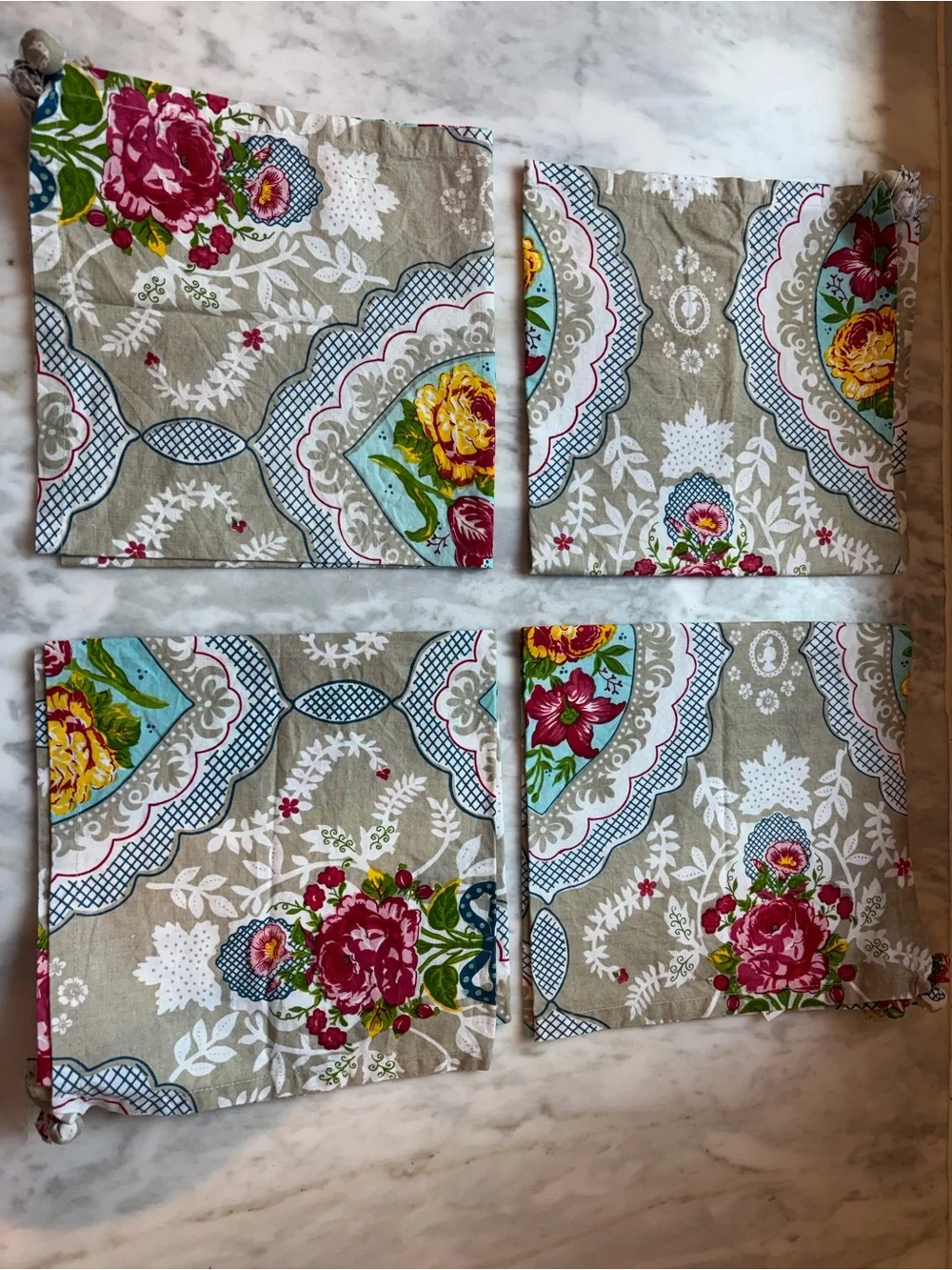 Floral Printed Dining Napkin - Beige with Pink & Yellow Floral Accents